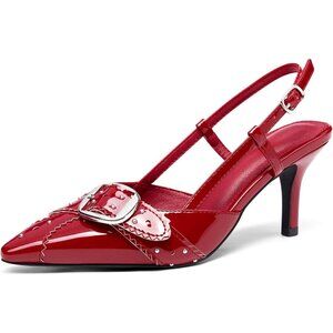 Coutgo Women's  Red Patent Leather Slingback Closed Pointed Toe Studded  Heels